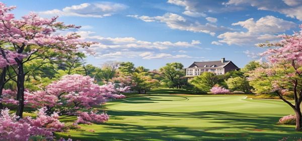 Golf course with blooming azaleas and clubhouse in spring sunlight