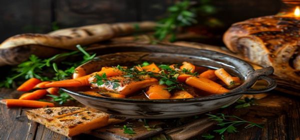 Irish lamb stew with carrots and herbs in rustic bowl with soda bread