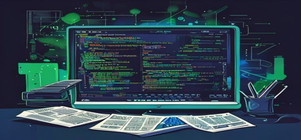 Computer terminal with code on dark background, newspapers on desk