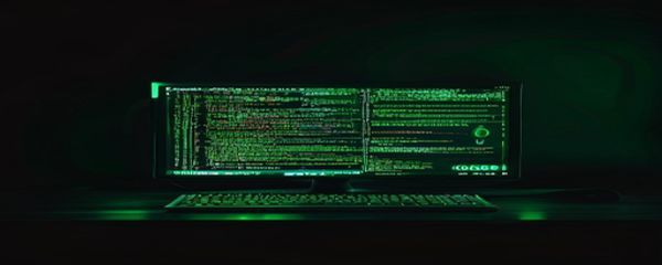 Computer terminal with green code on dark background
