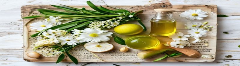 Fresh wild garlic leaves and flowers arranged on a wooden chopping board with olive oil and lemon
