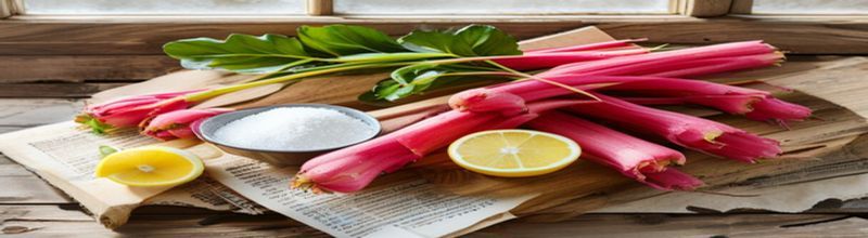 Fresh pink rhubarb stalks on a wooden chopping board with sugar, ginger and lemon