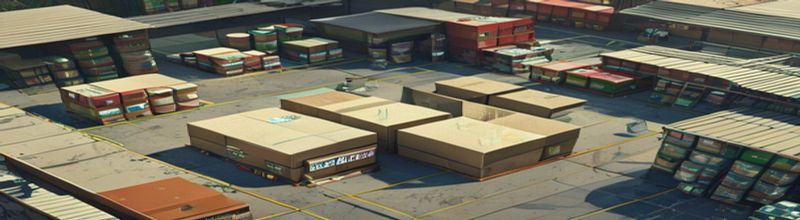 Aerial view of a humanitarian aid logistics yard with stacked relief supply pallets and shipping containers under daylight