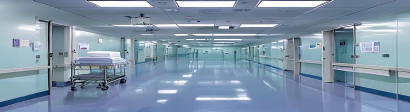 Hospital endoscopy department corridor with closed treatment-room doors, polished vinyl floor reflecting fluorescent overhead lights, a single steel trolley by the wall