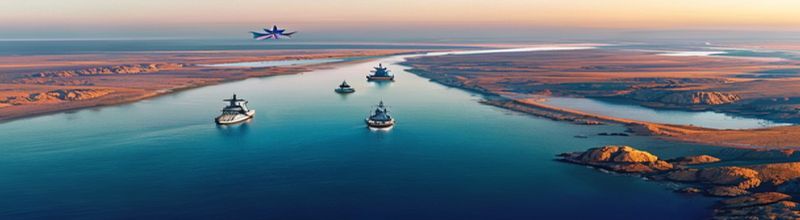 Aerial dawn view of the Strait of Hormuz with naval frigates flying French and British ensigns sailing line-abreast through calm blue water between rocky desert coastlines, oil tankers waiting on the horizon