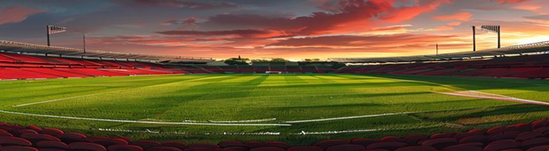 Empty Croke Park GAA stadium at golden hour with green pitch and rows of empty red seats curving around the stands