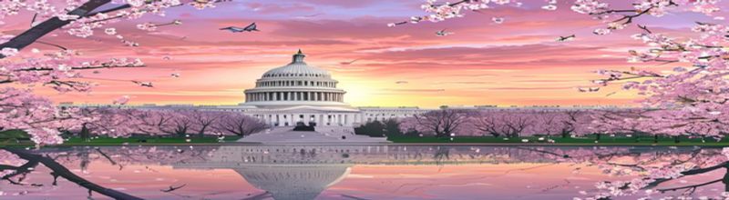 Panoramic dawn view of the U.S. Capitol dome from across the National Mall reflecting pool, soft pink-orange sky, marble facade lit by low sun, scattered cherry blossom branches in foreground
