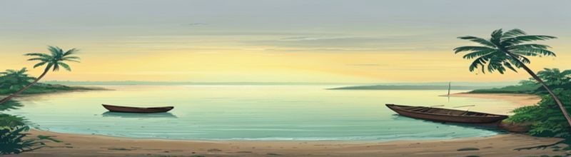 Panoramic dawn view of a calm tropical sea with a single small wooden fishing boat low on the water near the horizon, pale sky fading from yellow to grey, a long sandy shoreline lined with palm trees in the foreground
