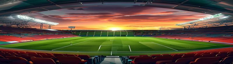 Empty Premier League-style football stadium at dusk with green pitch, tall floodlight pylons on, and tiered red-and-white seating sweeping around an empty ground