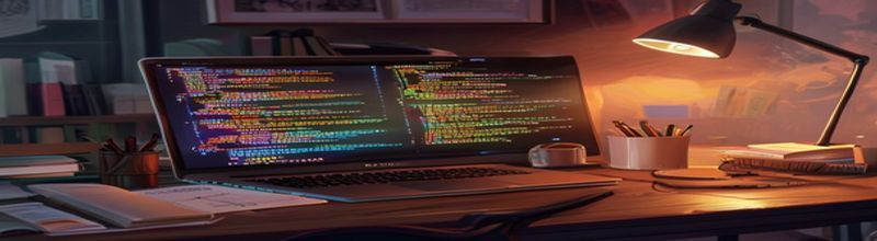 Code editor with colourful structured source code on a wooden desk