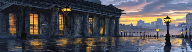 Dawn view of the Bank of England's blackened stone facade on Threadneedle Street, columns and tall iron lamp standards, an empty wet street reflecting yellow window light, distant City glass towers in mist