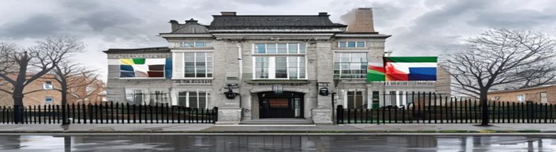 Panoramic view of the Leinster House facade in Dublin on an overcast morning, grey Georgian stone frontage with central portico and tall sash windows, a pair of Irish tricolour flags flanking the entrance, black iron railings along the kerb, damp pavement reflecting soft grey sky