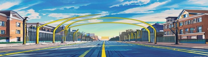 Wide view of a city-marathon finishing straight at mid-morning, tall civic buildings on one side, a long line of metal crowd barriers, digital finish-line clocks on gantries, discarded water cups scattered across the road, bright spring sunlight