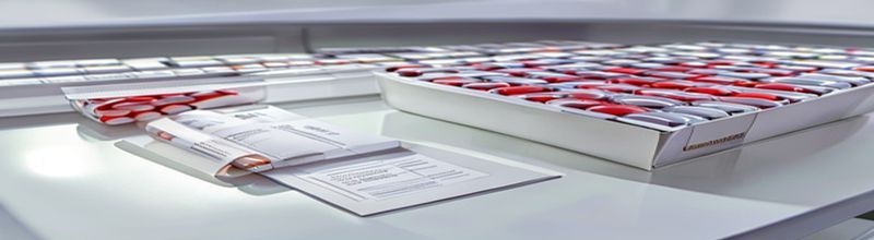 Panoramic view of a pharmacy back-counter workbench at midday, open cardboard dispensing cartons lined up with foil-and-plastic blister strips of capsules partially visible, a printed batch-number label on the nearest carton, a metal pharmacy scale and a folded white paper dispensing bag alongside, soft overhead fluorescent lighting on pale wood shelving