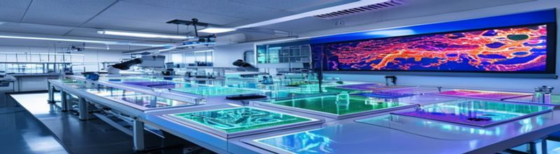 Panoramic view of an advanced pharmaceutical research laboratory bench, rows of organ-on-chip microfluidic devices with clear silicone channels set out in white trays, digital microscopes angled overhead, a high-resolution monitor on the wall showing multicoloured cell-culture graphs, polished steel fittings and cool blue LED task lighting