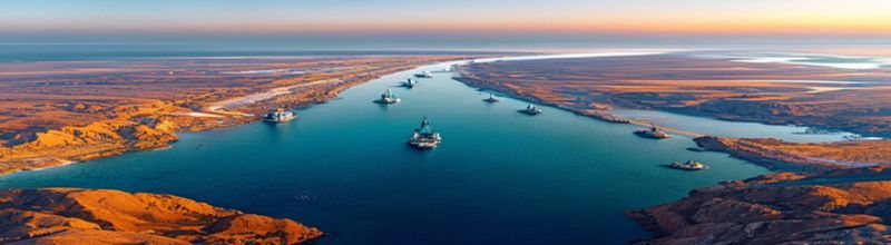 Panoramic aerial view of the narrow Strait of Hormuz at dawn, rocky ochre desert coastlines on both sides, lines of grey military frigates and mine-sweepers patrolling in formation, a cluster of oil tankers waiting on the far side of the strait, a clear morning sky, cold blue water, strategic maritime chokepoint
