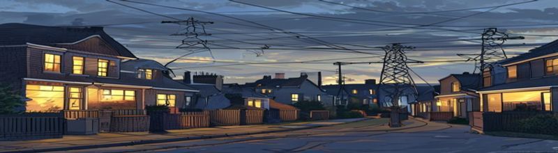 Panoramic view of a British suburban street at dusk with warm yellow lights in terraced house windows, overhead distribution power lines crossing a grey sky, an electricity pylon silhouetted in the distance, rows of gas meter boxes on brick exteriors, muted blue-grey winter palette