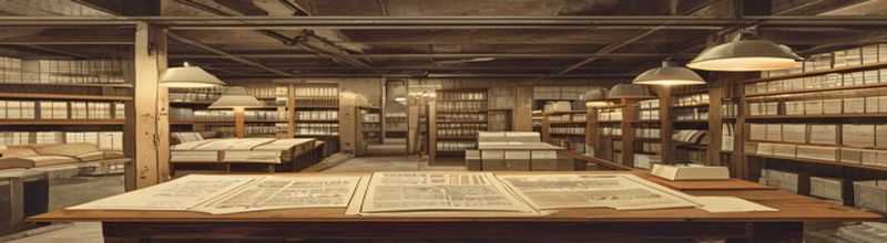 Panoramic view of a climate-controlled archive reading room with rows of grey acid-free document boxes on metal shelving, open folders of 1970s typed minutes and stamped civil-service files laid on a long oak table under soft warm lamps, muted sepia and cream tones