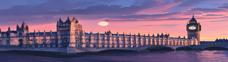 Panoramic view of the Palace of Westminster seen from across the Thames at dawn, stone Gothic revival facade in low pink-gold light, the clock face on the Elizabeth Tower visible, deep blue sky