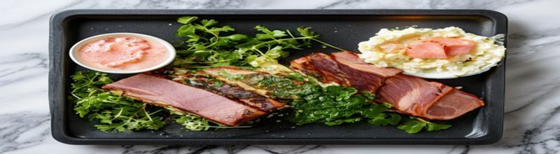 A rustic wooden board with a sliced piece of crackling pork belly resting beside a small white ceramic dish of bright pink rhubarb compote streaked with stem ginger, scattered fresh thyme sprigs, a halved roasted apple and a sharp kitchen knife on the side, soft morning daylight from a window above, no people no faces no hands
