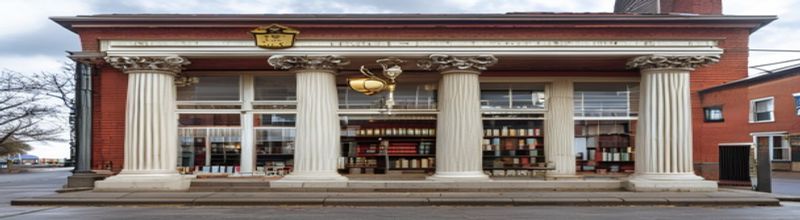 Panoramic view of a classical American community bank facade in a small town main street, red brick and white columns, brass nameplate, old-fashioned street lamp, stacked bound regulatory rulebooks on the counter visible through a window, overcast morning light, no people no faces no hands