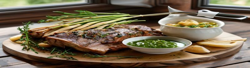 A rustic wooden carving board with a roasted leg of lamb resting beside a small white ceramic bowl of vibrant green wild-garlic salsa verde, a pile of buttered Jersey Royal new potatoes, a bunch of fresh asparagus spears tied with kitchen string, a sprig of rosemary, a sharp carving knife and a small jug of pan juices, soft morning daylight through a kitchen window, no people no faces no hands