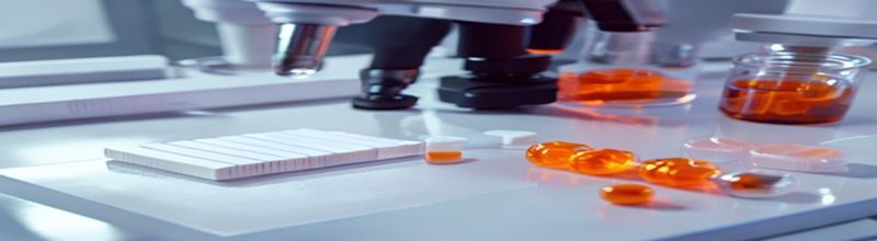 Panoramic close-up view of a laboratory workbench with a white rapid diagnostic test cassette, blister-packed orange antimalarial dispersible tablets beside it, a glass vial of artemether-lumefantrine suspension, a microscope to the side, cool clinical white light, no people no faces no hands