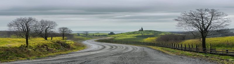 An empty rolling country road in the Belgian Ardennes climbing into low green hills under a soft grey spring sky, leafless trees lining a metal crash barrier on the right, fresh yellow-green new foliage on the verges, a distant church spire on a hill, no riders, no spectators, no people no faces no hands