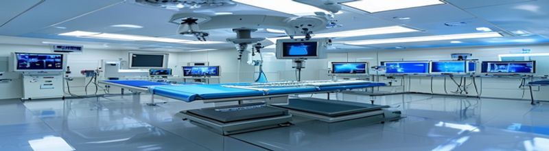 Panoramic view of a modern hospital cath-lab with a large C-arm imaging machine in the centre of the frame, a polished cardiology device table laid out with catheters and stent packaging, banks of monitors glowing blue, pale ceiling lights, sterile tiled floor, no people no faces no hands