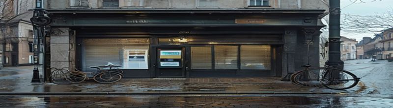 Panoramic dawn view of a closed bank branch on a quiet European city street, the metal shutters half-down behind a darkened glass facade with a small ATM screen showing a stand-by message, an empty available loans poster, cobblestone pavement still wet from rain, parked bicycles chained to a streetlight, no people no faces no hands