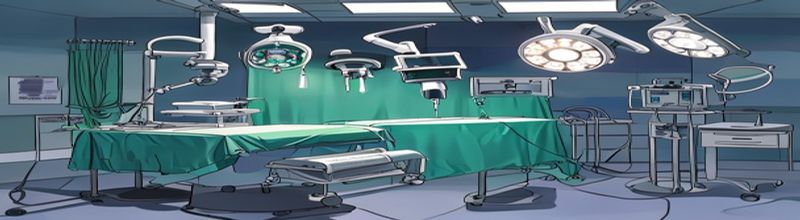 Panoramic surgical theatre view of a paediatric ear-surgery setup with a stainless operating microscope on a swing-arm, a small kidney-shaped tray holding a clear pre-filled syringe and a fine micro-catheter, a single-use infusion pump on a roll-stand, the field lit by a focused green-tinted surgical light, sterile blue drapes, no people no faces no hands
