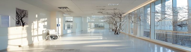 Panoramic view of a Copenhagen maternity hospital corridor at morning, soft natural light from large windows on the right showing the hospital courtyard with bare birch trees, an empty wheelchair parked beside a wall, a stainless steel hand-sanitiser dispenser on the wall, a white-and-pale-blue colour scheme, polished floor reflecting the windows, no people no faces no hands