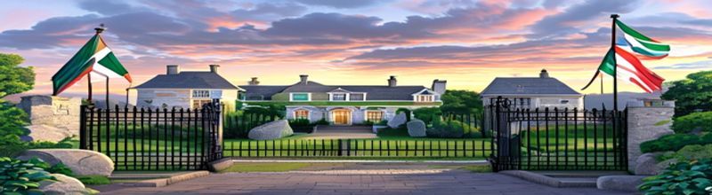 Panoramic view of Hillsborough Castle Georgian facade in County Down at dawn, manicured lawn with Union and Irish flags flying side by side at the gate, soft morning light over the surrounding parkland, no people no faces no hands