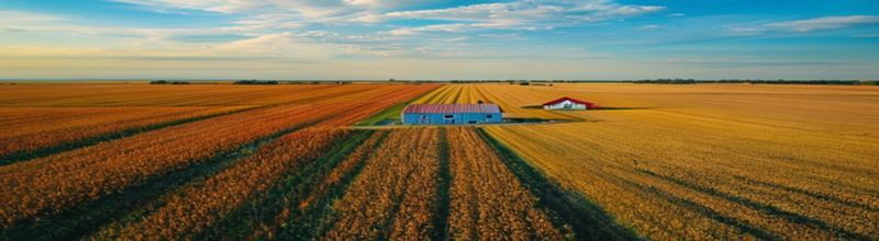 Panoramic aerial view of a vast Midwestern grain field at harvest, rows of yellow corn stretching to a flat horizon, a single grain silo and a red farmhouse far in the distance, blue sky with thin cirrus clouds, no people no faces no hands