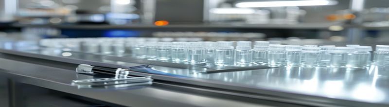 Panoramic close-up view of a row of unlabelled glass injection vials on a stainless-steel laboratory bench, soft overhead light, a single auto-injector pen lying on its side in the foreground, a digital scale and a packaging tray blurred in the background, no people no faces no hands