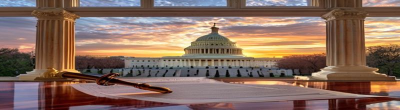 Panoramic view of the U.S. Capitol Dome at sunrise, white marble facade lit warm against a pale dawn sky, scaffolding-free dome and lantern visible above the Senate wing, broad east-front plaza in the foreground, no people no faces no hands