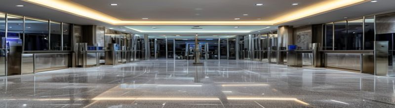 Panoramic exterior view at dusk of a row of identical British high-street office buildings with security-company signage, a single lit doorway showing a closed-circuit camera mounted above, drizzle on the pavement reflecting amber sodium lights, no people no faces no hands