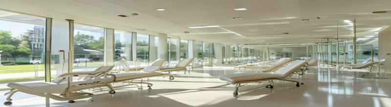 Panoramic view of a modern hospital infusion bay at the University of Texas MD Anderson Cancer Center, rows of empty cream-coloured reclining treatment chairs separated by glass partitions, IV stands beside each chair, soft daylight through tall windows looking onto a green courtyard, no people no faces no hands