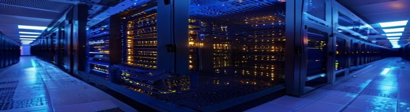 Panoramic close-up of a server room aisle at night with rows of dark blue rack-mount Linux servers, dim amber LEDs glowing on the front bezels, a single rack with its door open exposing dense cabling and a small printed warning label, soft blue ambient light, no people no faces no hands