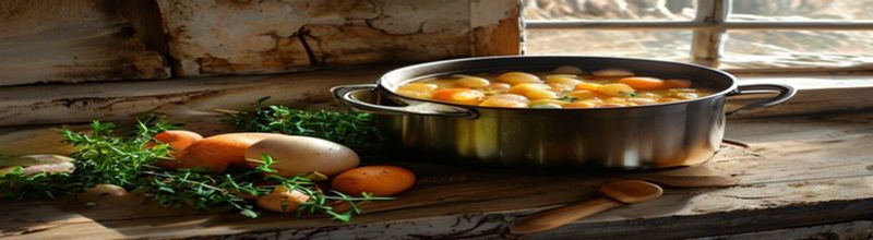 Panoramic view of a cast-iron Dutch oven of slow-cooked Irish beef stew with Guinness, carrots, parsnips and onions on a farmhouse table, a small white earthenware jug alongside, soft kitchen light from the left, no people no faces no hands