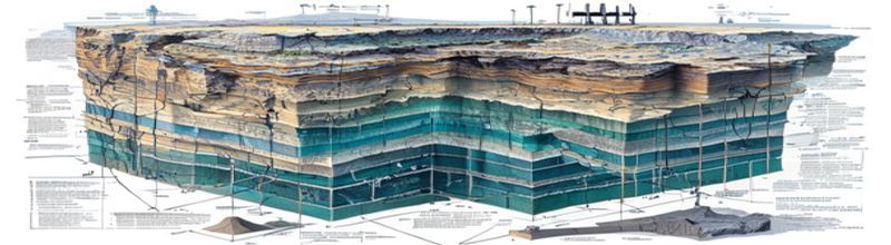 Panoramic geological cross-section illustration showing layered sandstone and shale rock strata with arrows depicting CO2 injection into a deep underground saline aquifer, schematic borehole and wellhead at the surface, technical engineering diagram aesthetic in cool greys and blues, no people no faces no hands
