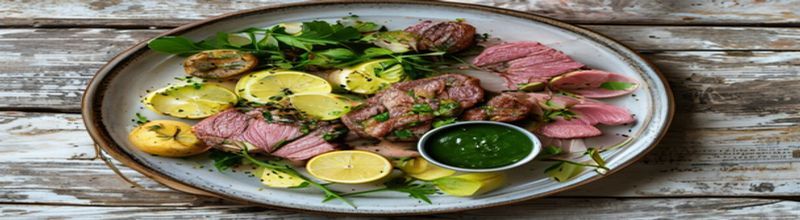 Panoramic view of a roasting tin of bone-in spring lamb leg on a bed of new-season Wexford potatoes and shallots, sprigs of rosemary and thyme tucked between, the pan deglazed with a small jug of pan juices set alongside, warm afternoon light from a sash window, no people no faces no hands