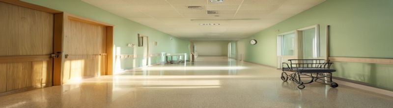 Panoramic view of a quiet hospital corridor in soft afternoon light with a closed wooden patient room door on the left and a long handrail mounted to a pale green wall, a small wall clock and an empty wheelchair against the right-hand wall, polished linoleum floor reflecting the light, no people no faces no hands