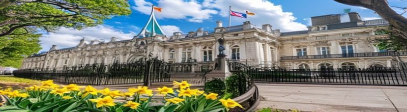 Panoramic exterior view of Leinster House in Dublin under a bright spring sky with the Georgian facade in pale stone, polished black wrought-iron railings in the foreground and the Irish tricolour flying from the central flagstaff, daffodils planted in the courtyard, no people no faces no hands