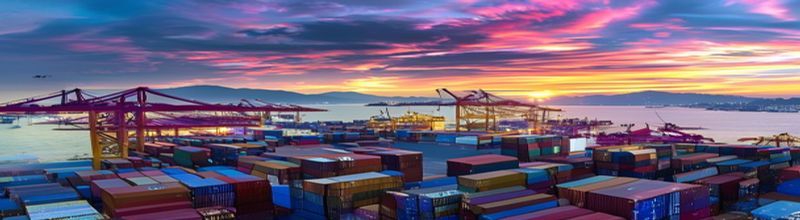 Panoramic aerial view of a busy container shipping port at sunrise with stacked multicoloured shipping containers, gantry cranes silhouetted against the dawn sky, container ship docked alongside, distant mountains beyond the harbour, no people no faces no hands