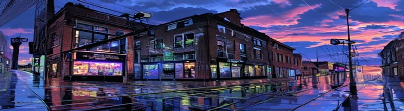 Panoramic view of a wet Dublin city-centre street at dusk with a CCTV camera mounted on a black metal pole at a junction, neon shopfront lights reflected on the rain-slick pavement, brick buildings under low cloud, no people no faces no hands