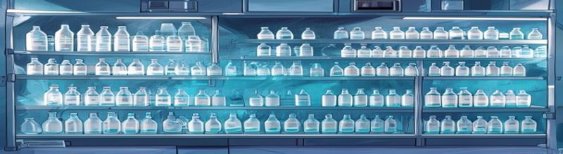 Panoramic view of pharmaceutical laboratory cold-storage rack lined with rows of clear glass vaccine vials capped with grey rubber stoppers and aluminium seals, soft cyan lighting from refrigeration cabinet, condensation on the glass shelves, no people no faces no hands