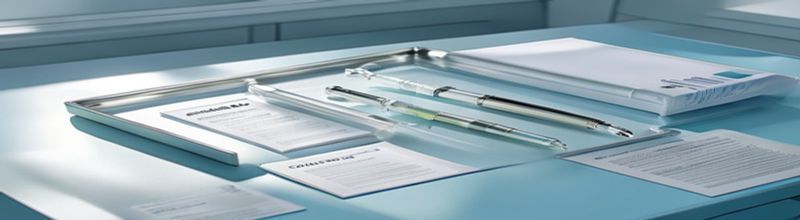 Panoramic close-up view of a stainless-steel medical tray with a sealed pre-filled subcutaneous injector pen in clear blister packaging, alongside an opened white pharmaceutical box and a printed patient information leaflet, soft white clinical lighting on a pale blue countertop, no people no faces no hands