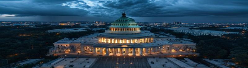 Panoramic aerial view of the United States Capitol building dome at dusk with long shadows across the National Mall, dark storm clouds gathering over the marble columns, an empty Senate chamber visible through tall windows lit from within, no people no faces no hands