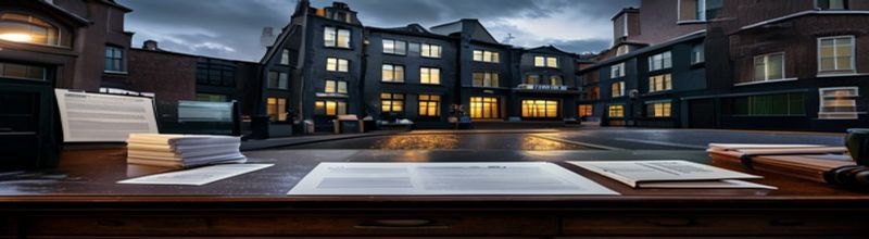 Panoramic exterior of an Irish state office building with regulatory documents on a desk in foreground, dark Dublin streetscape light, no people no faces no hands